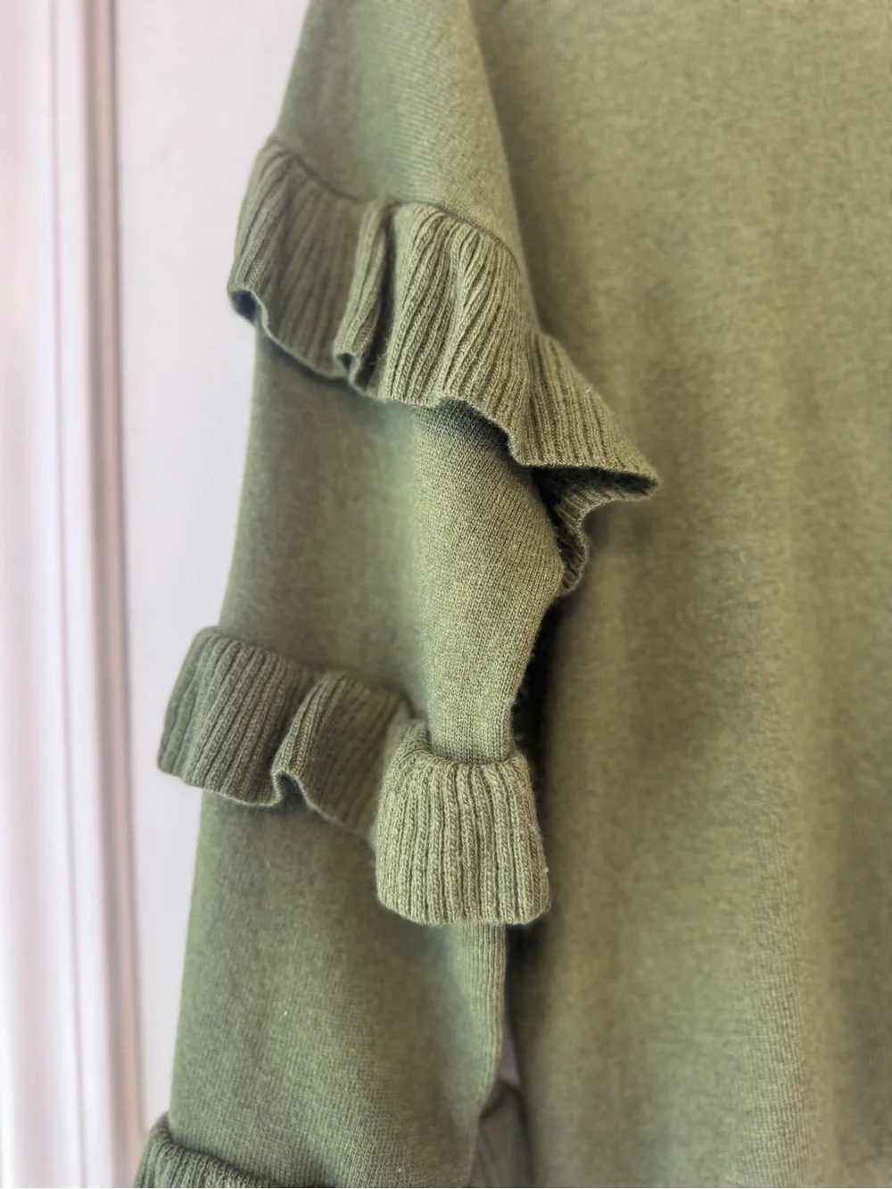 J. Crew Olive Green Ruffle-Sleeve Crewneck Sweater